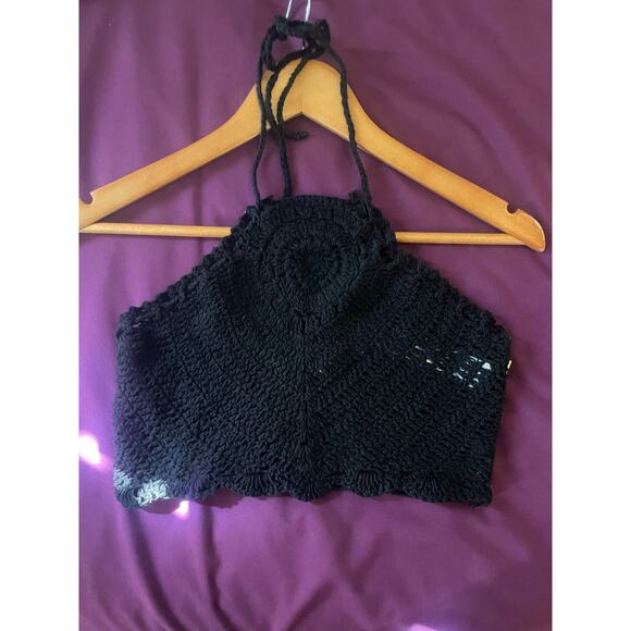 B-O-G COLLECTIVE Crochet Knit Halter Crop Top Small S Black - Picture 2 of 4
